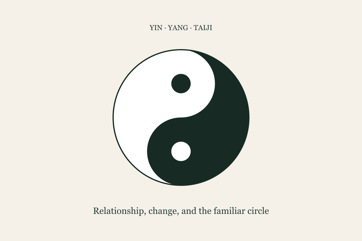 Standard taijitu showing interlocking dark and light halves, each containing a dot of the other color.