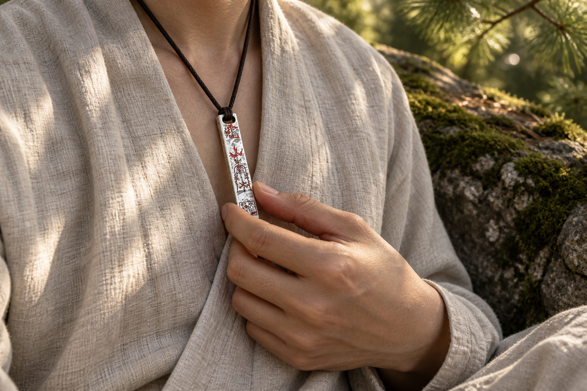 Tianpeng silver pendant worn with ivory linen in natural pine light