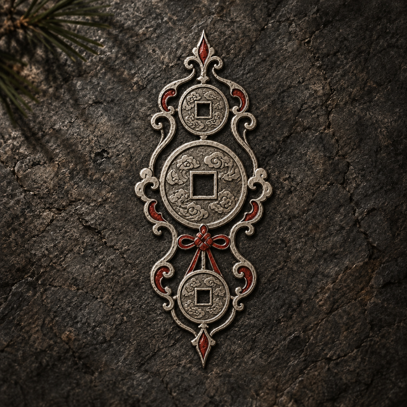 Silver square-holed coin relief with cinnabar-red details on dark stone