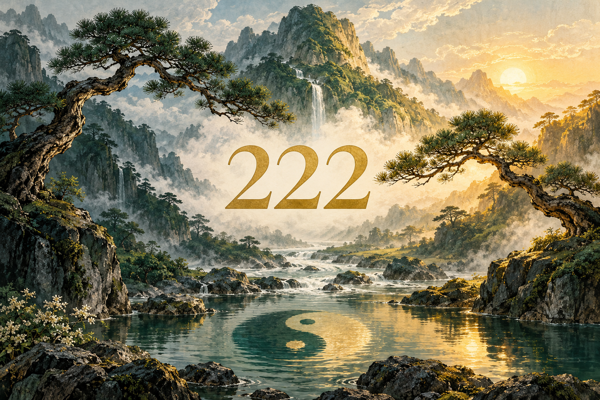 222 above a river between shaded and sunlit mountain slopes, illustrating balance through interdependence.