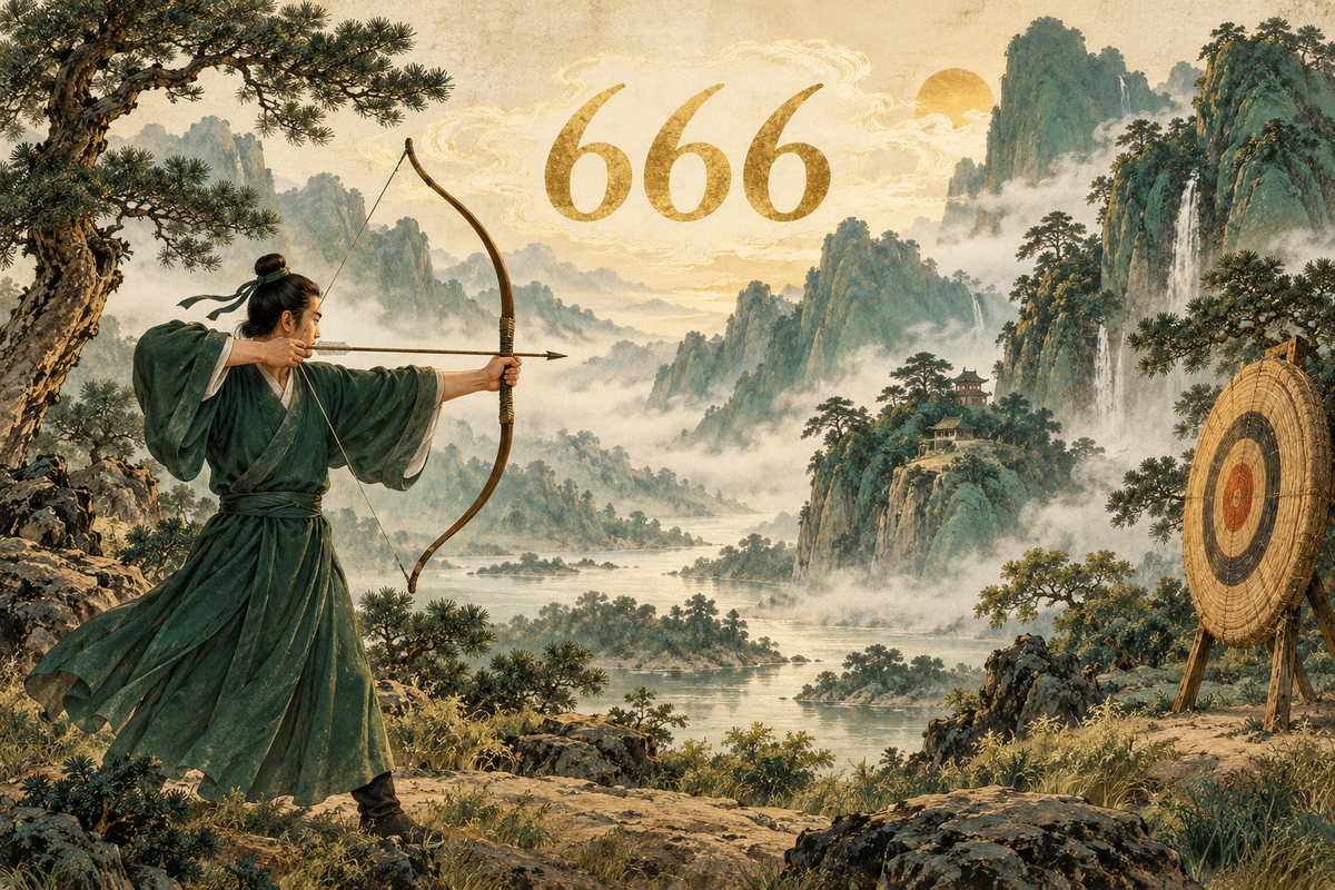 666 above a focused archer aiming toward a straw target in a mountain landscape.