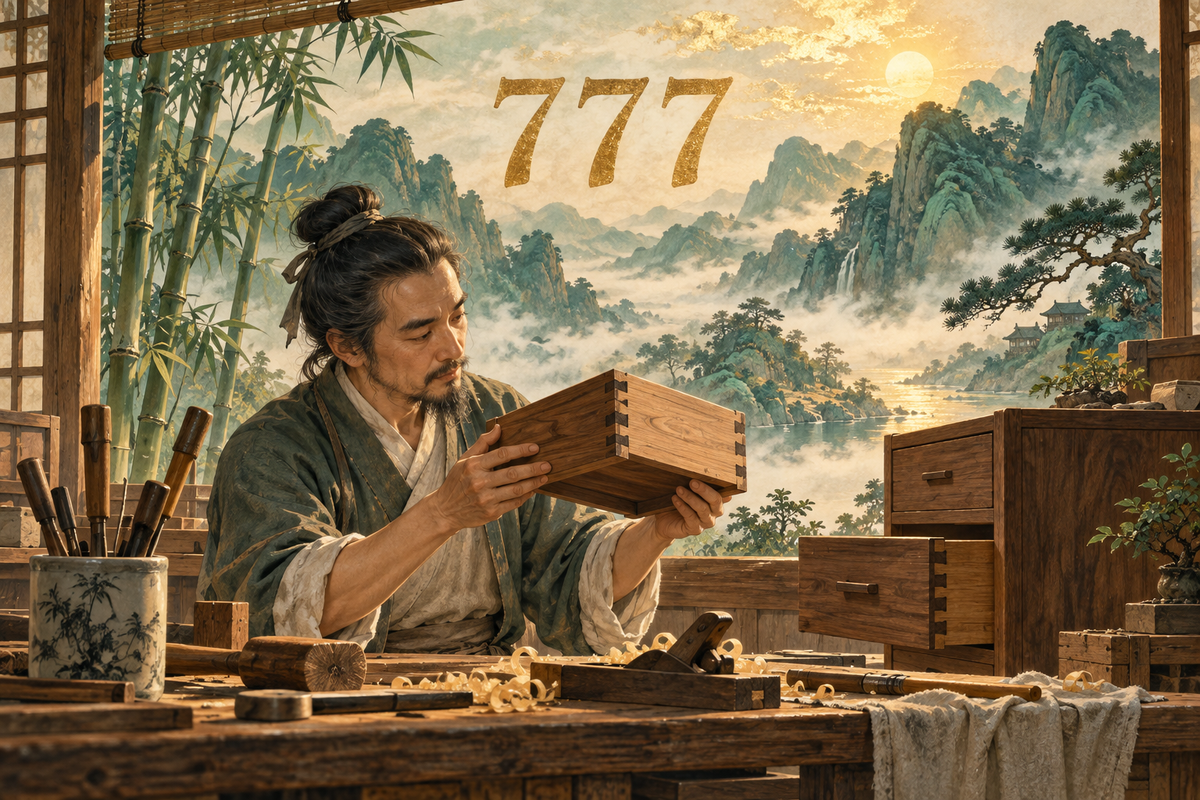 777 above a woodworker carefully examining a wooden drawer joint beside a mountain-facing window.