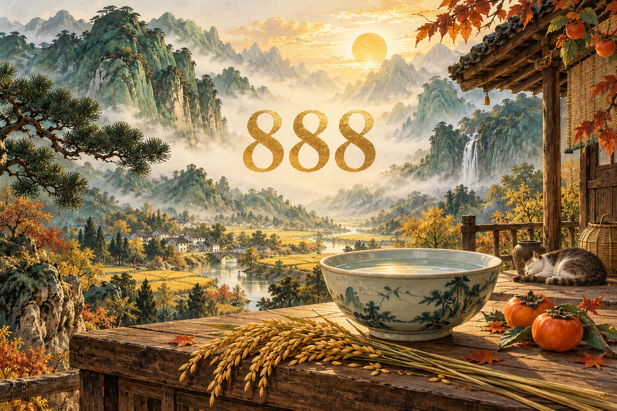888 above a quiet mountain homestead with a ceramic bowl, persimmons and rice stalks, illustrating having enough.