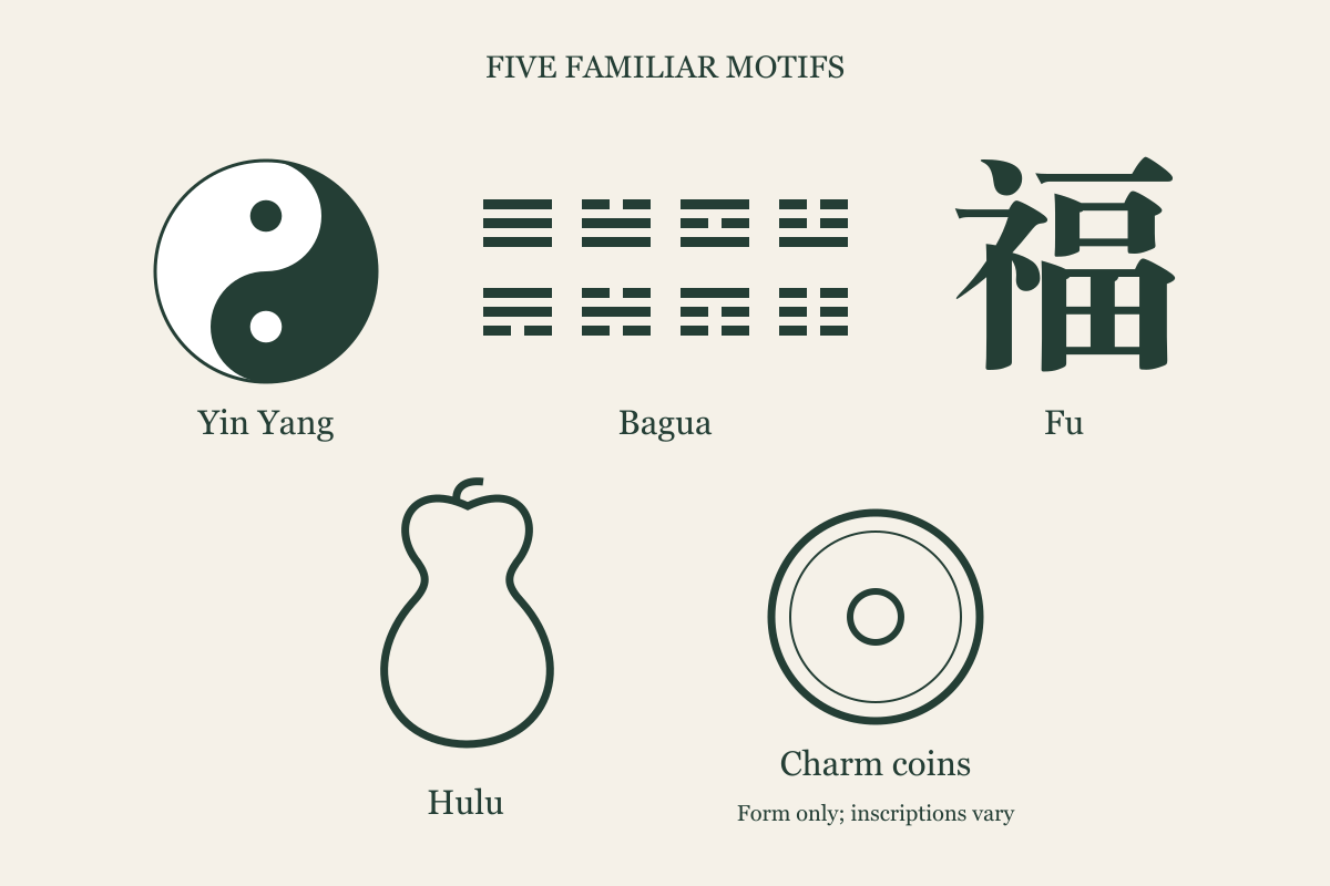 Five schematic motifs: yin yang, the eight trigrams, fu, a hulu gourd, and a charm coin outline without inscriptions.