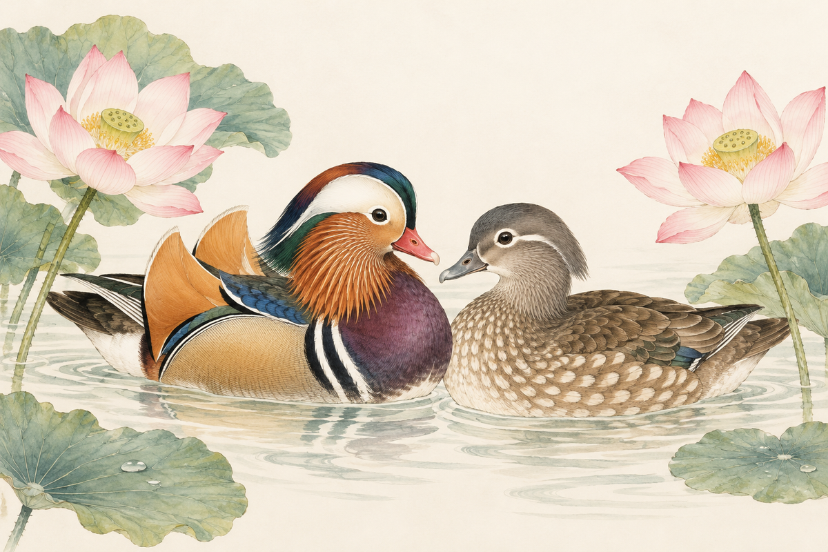 A colorful male mandarin duck and a gray-brown female facing each other beside pale pink lotus flowers.