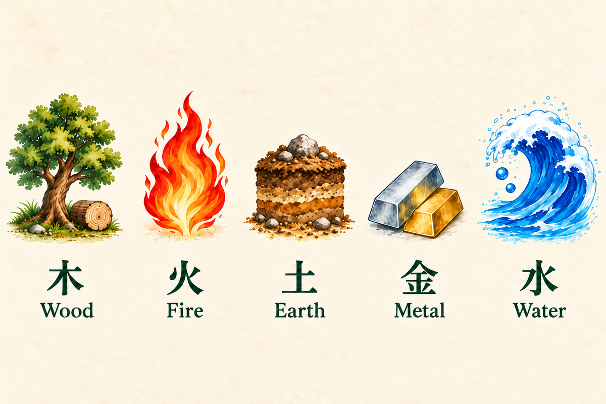 Five distinct watercolor illustrations with bilingual labels: 木 Wood beneath a tree, 火 Fire beneath a flame, 土 Earth beneath soil, 金 Metal beneath ingots, and 水 Water beneath a wave.