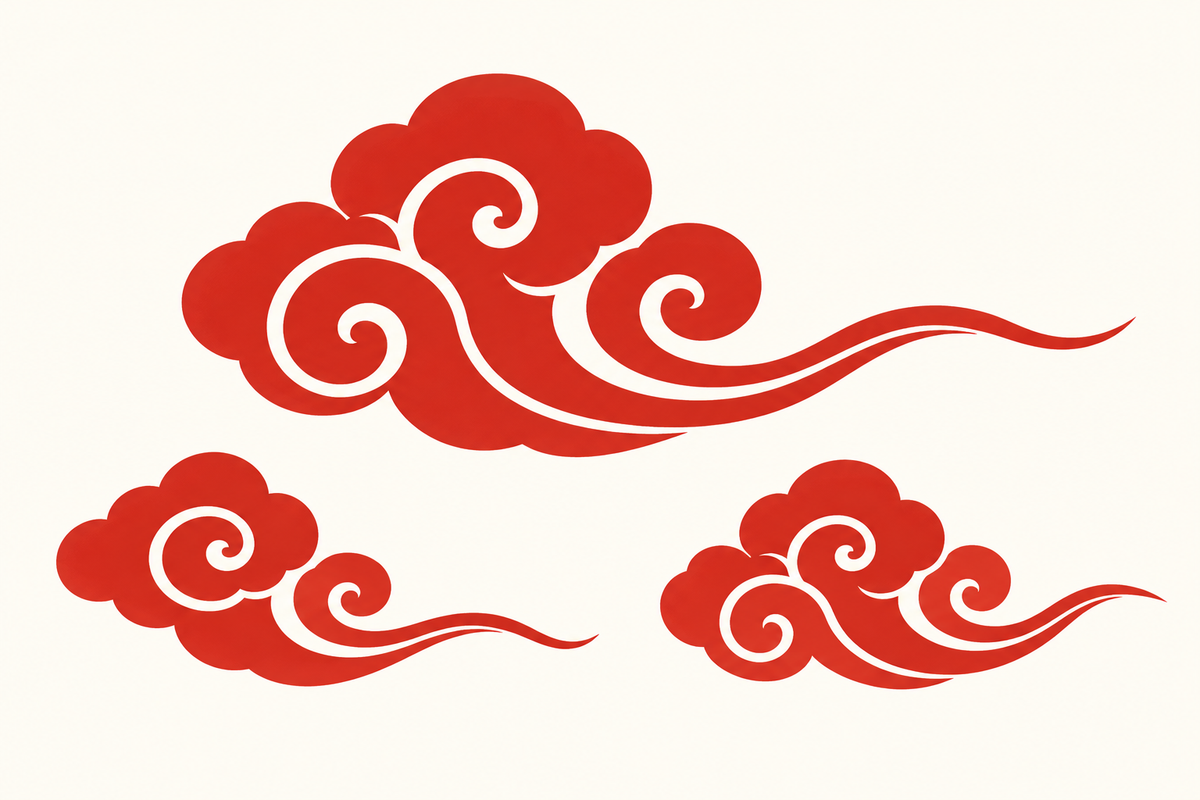 Three vermilion Chinese auspicious-cloud motifs with curling lines on a warm white background.