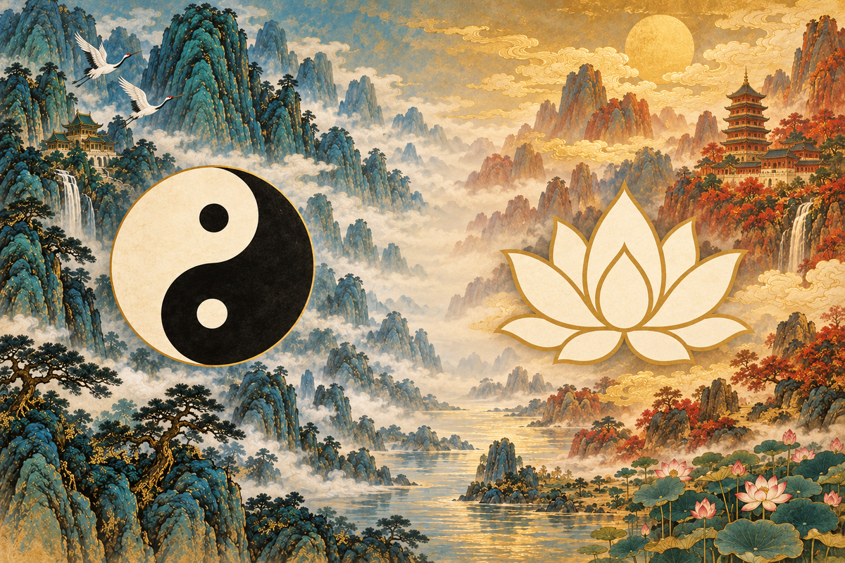 A Taoist yin-yang symbol with cranes, pines and a mountain temple on the left; an abstract Buddhist lotus with a pagoda and lotus pond on the right.