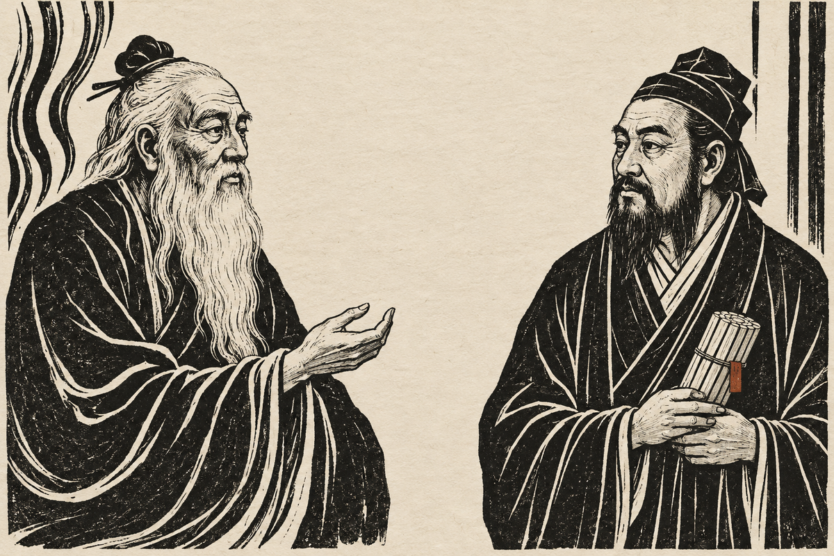 Woodcut-style portraits of Laozi and Confucius facing one another across an open field of ivory paper.