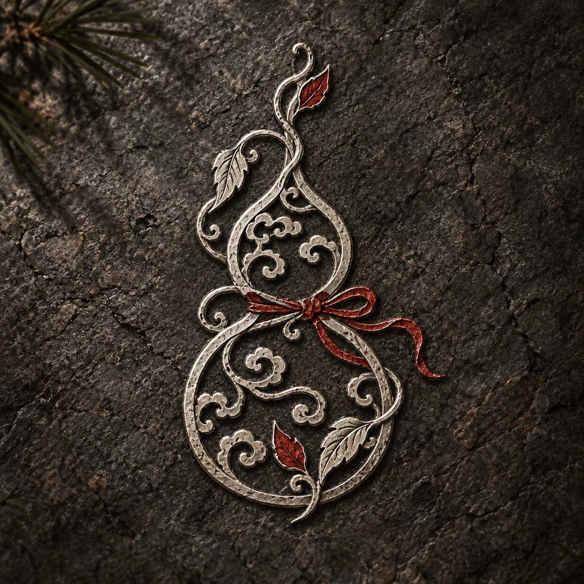 Silver gourd and vine relief with vermilion-red accents on dark stone — collection concept artwork