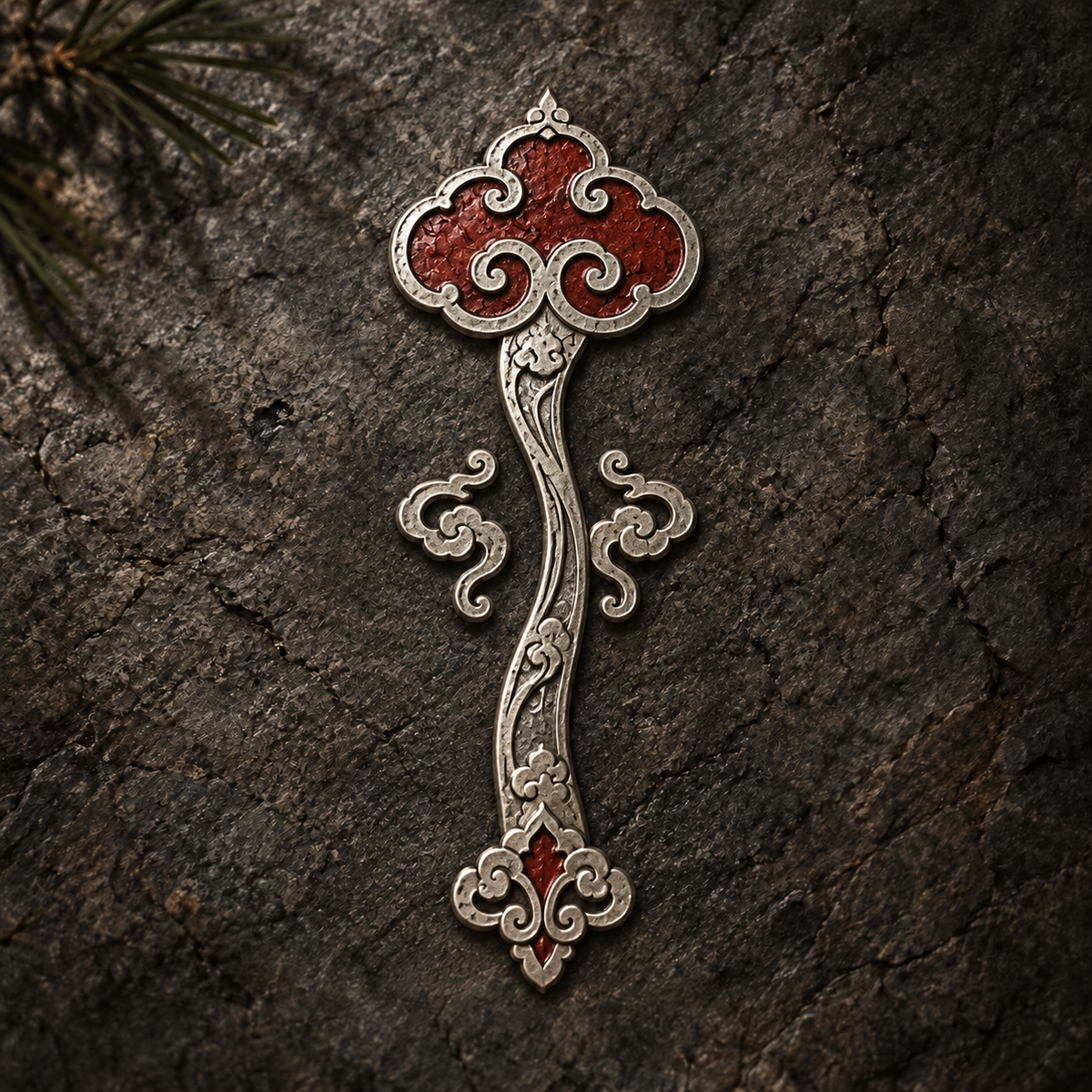 Silver ruyi relief with vermilion-red cloud details on dark stone — collection concept artwork