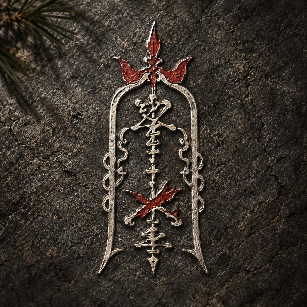 Silver and vermilion-red talisman-inspired relief on dark stone — collection concept artwork