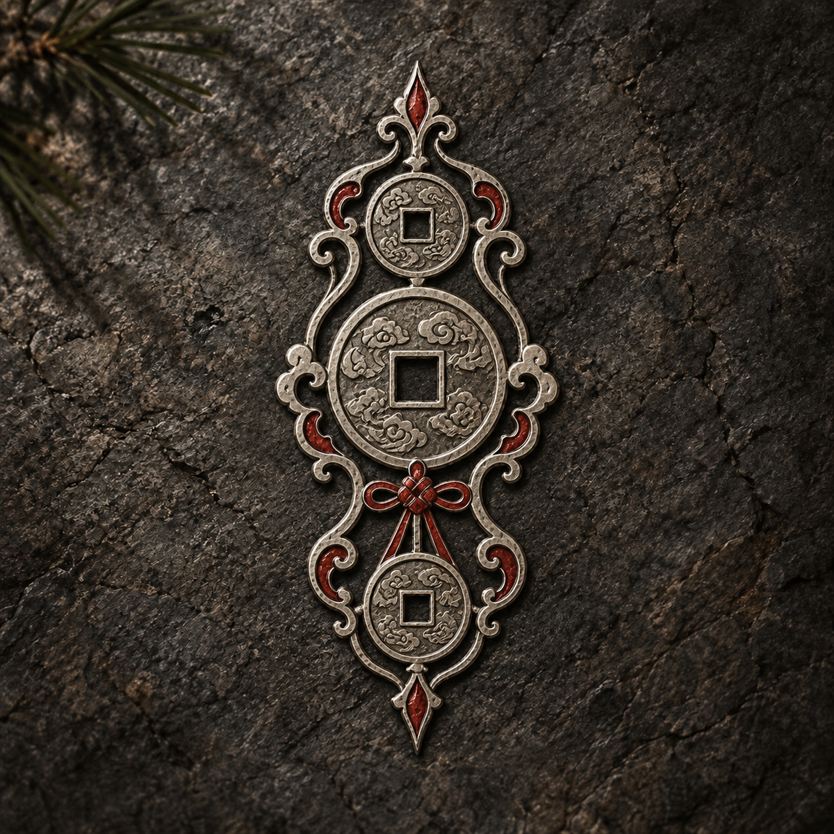 Silver square-holed coin relief with vermilion-red details on dark stone — collection concept artwork