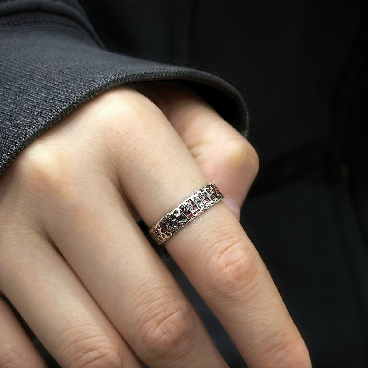 TaoWards Hammered Ziwei Talisman Open Ring — worn view