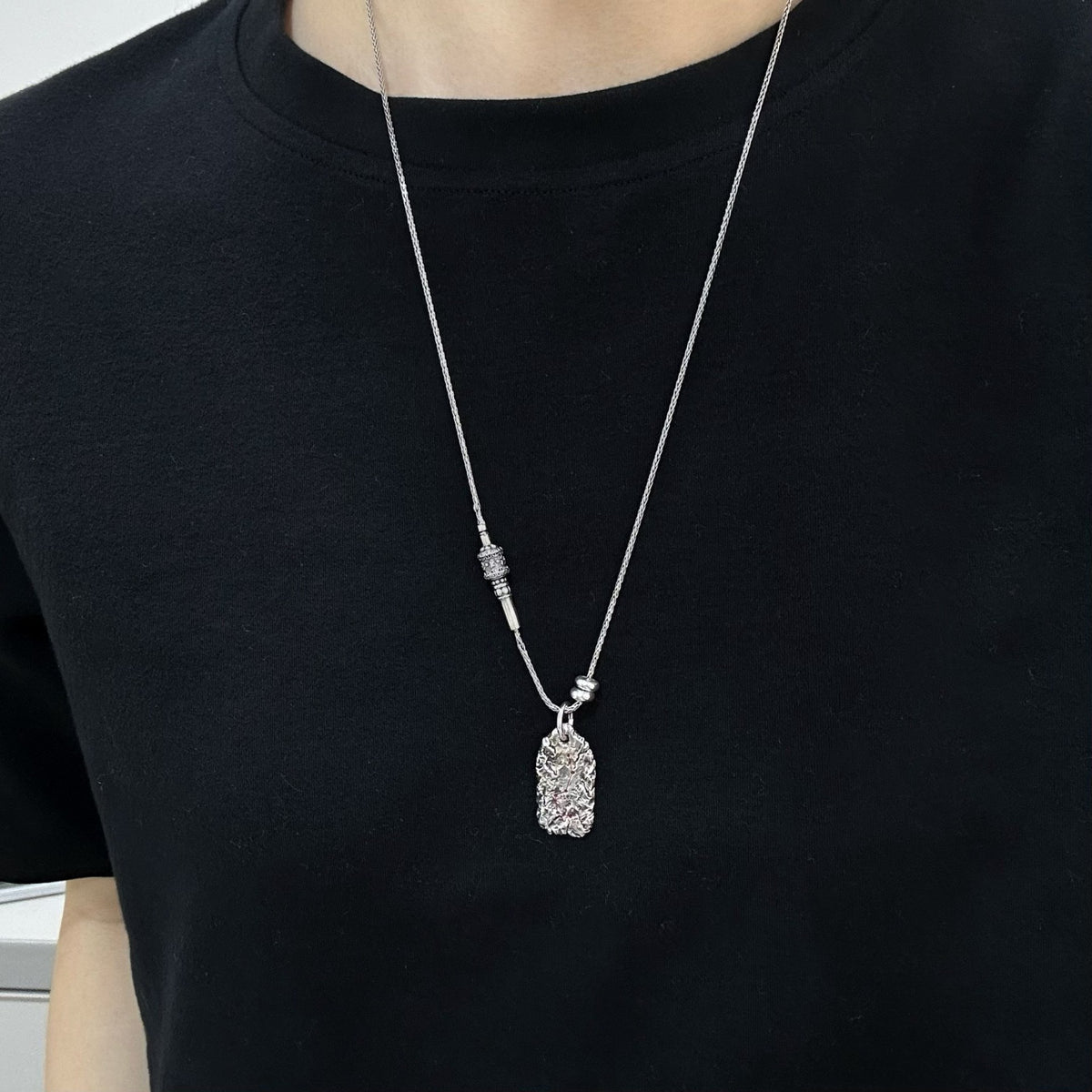 TaoWards Rugged Peace Talisman Tag Pendant Necklace — worn view