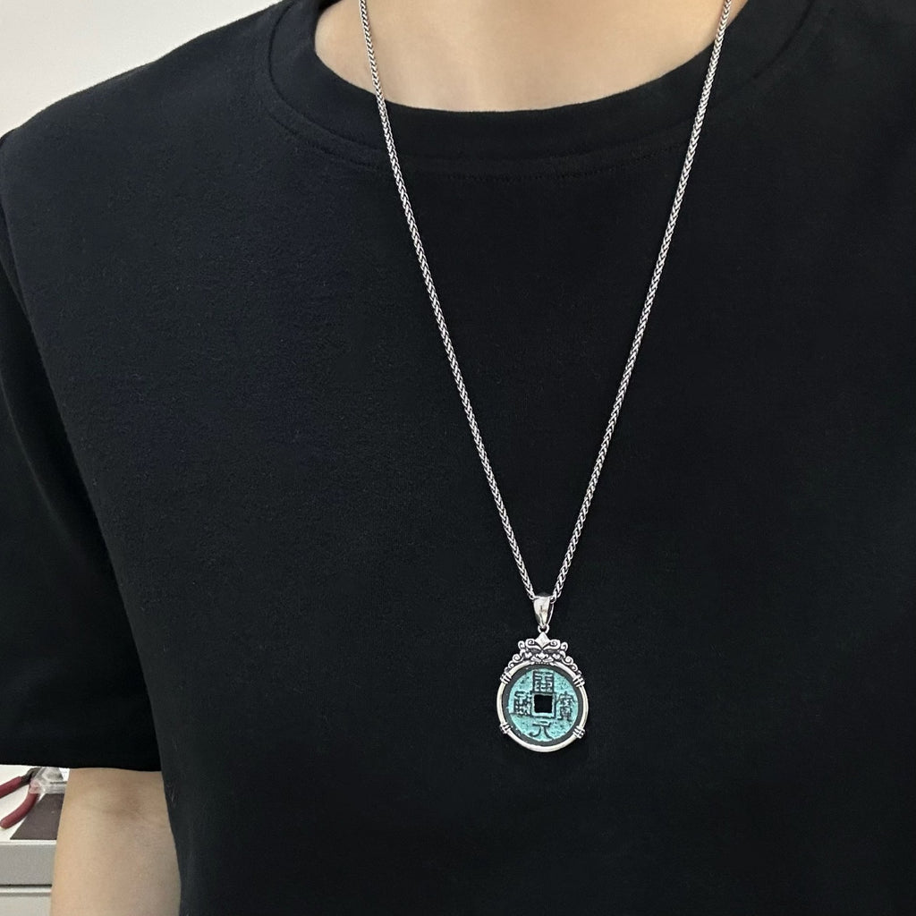 TaoWards Zhao Gongming Copper Coin Pendant Necklace — worn view