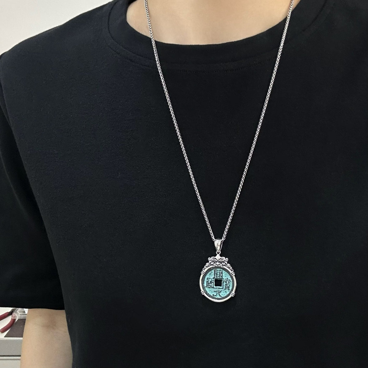 TaoWards Zhao Gongming Copper Coin Pendant Necklace — worn view