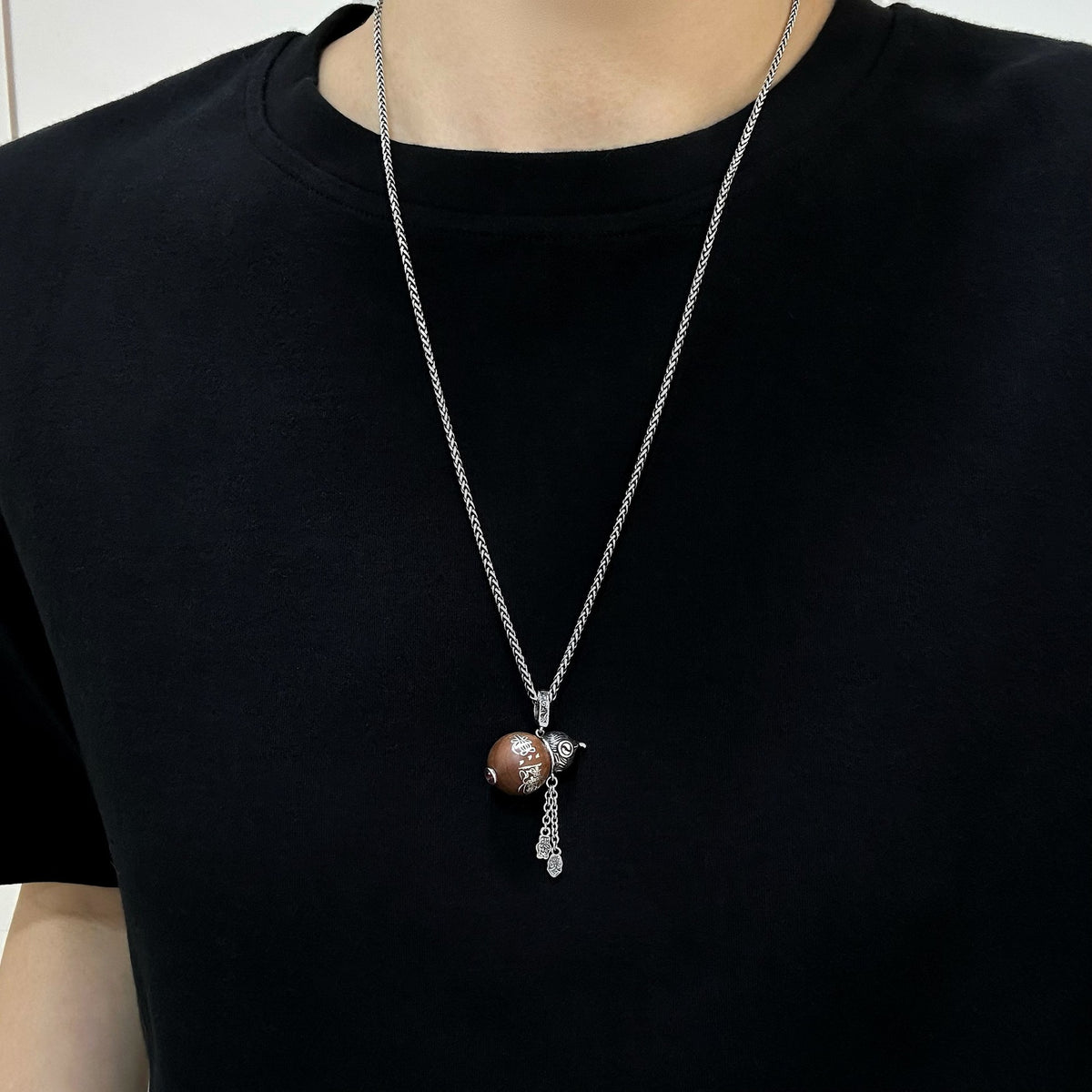 TaoWards Jujube Wood Wealth Gourd Pendant Necklace — worn view