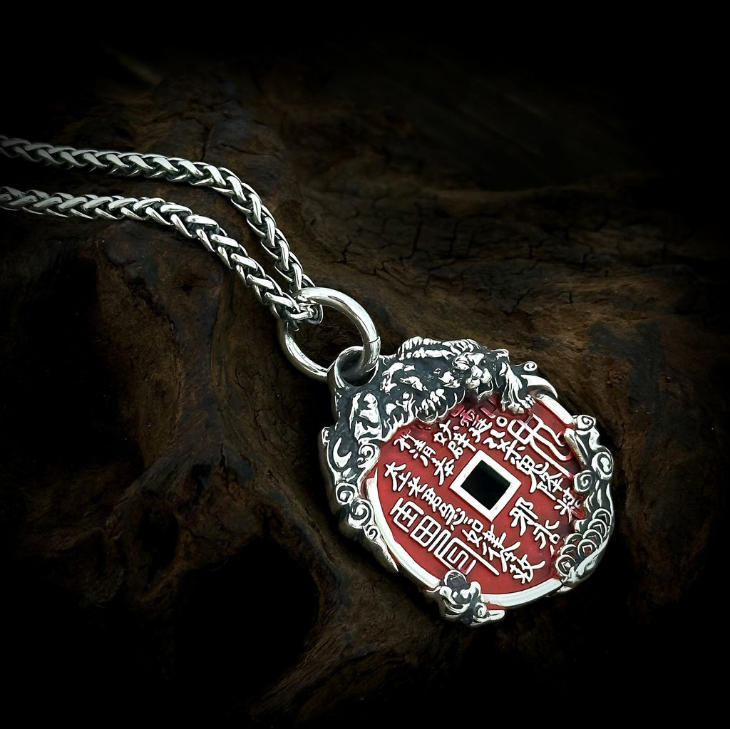 TaoWards White Tiger Coin Pendant angled view; chain not included