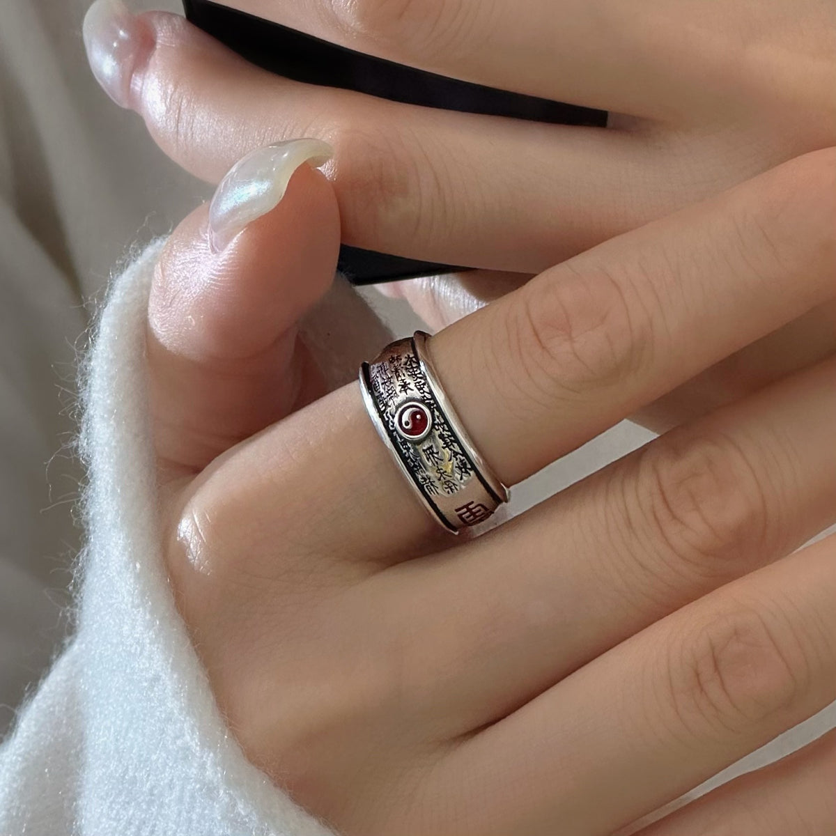 TaoWards Shan Gui Yin Yang Inscription Open Ring — worn view