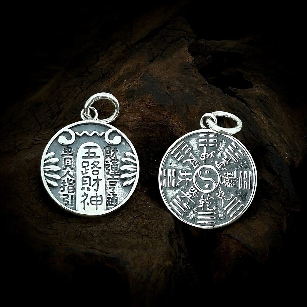 TaoWards Five Wealth Gods Bagua Coin Pendant Necklace — front view