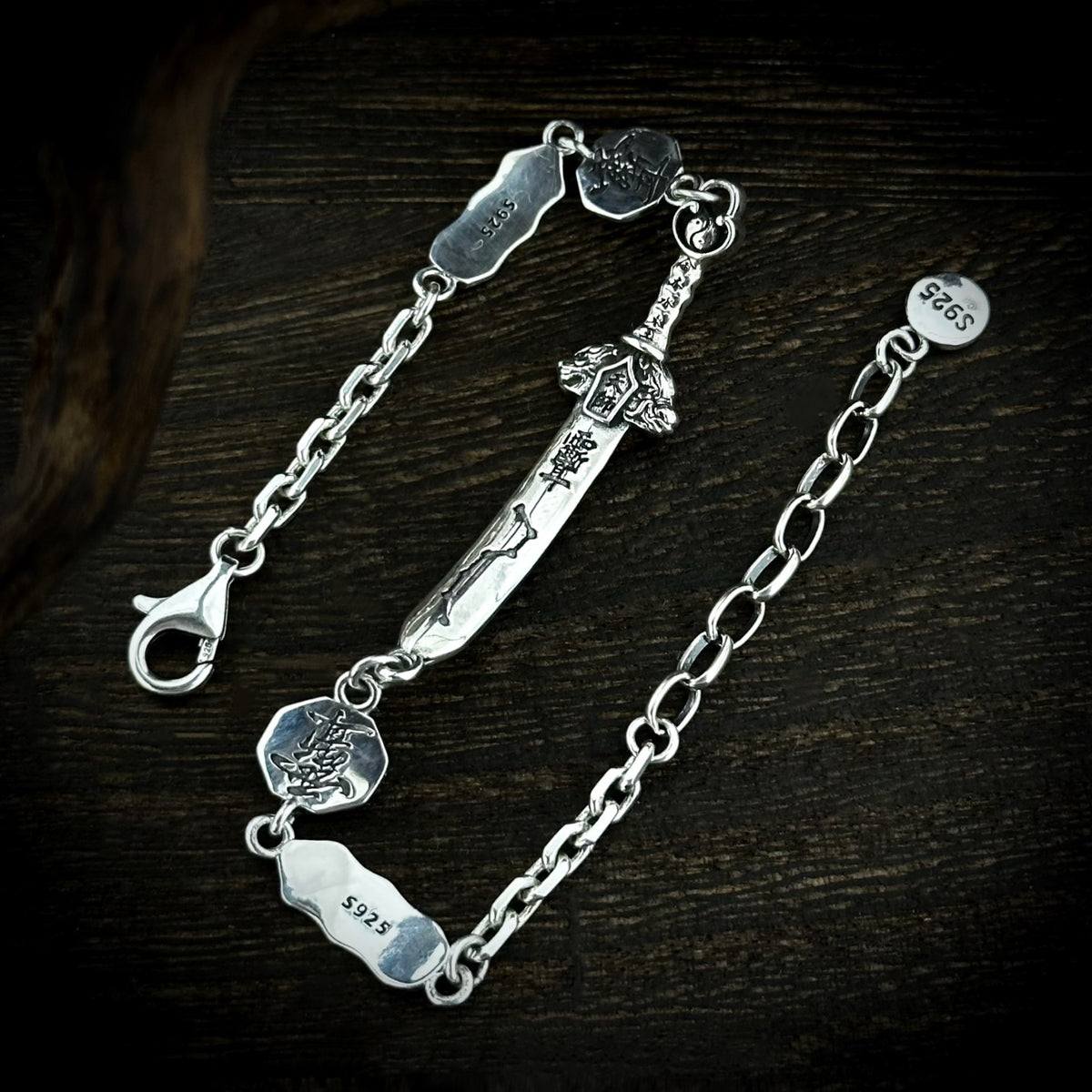 Reverse of the TaoWards sword bracelet, showing the clasp and extension chain.