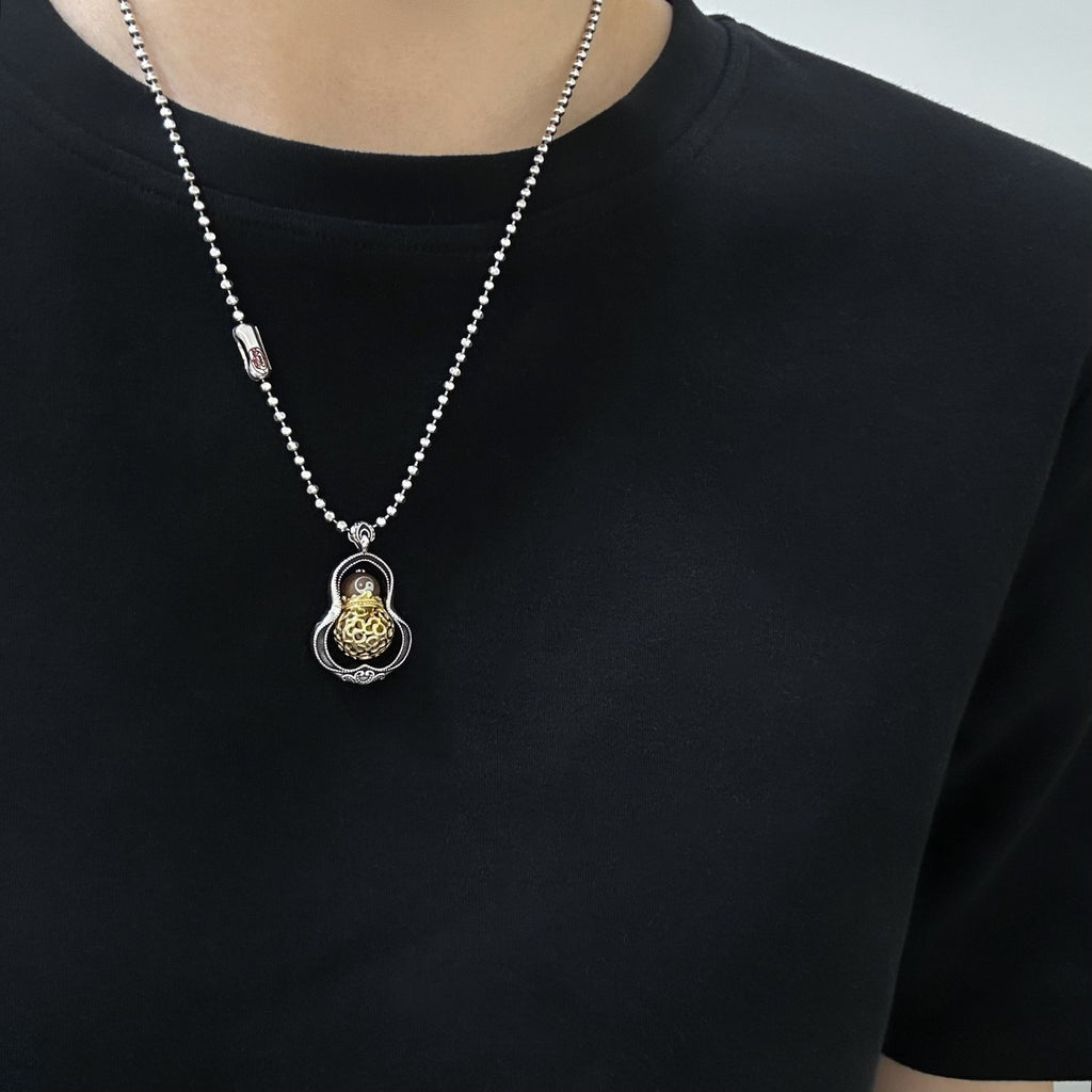 TaoWards Jujube Wood Yin Yang Gourd Pendant Necklace — worn view