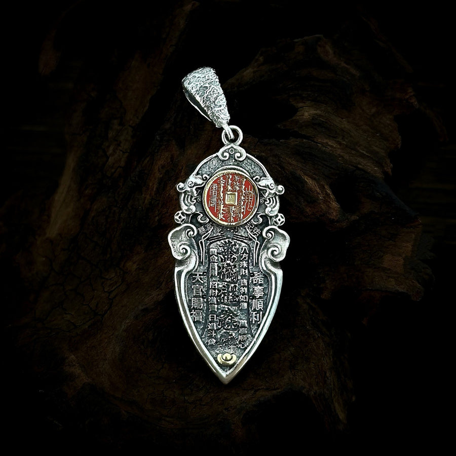 TaoWards ornate Chinese coin pendant with red and gold-tone details