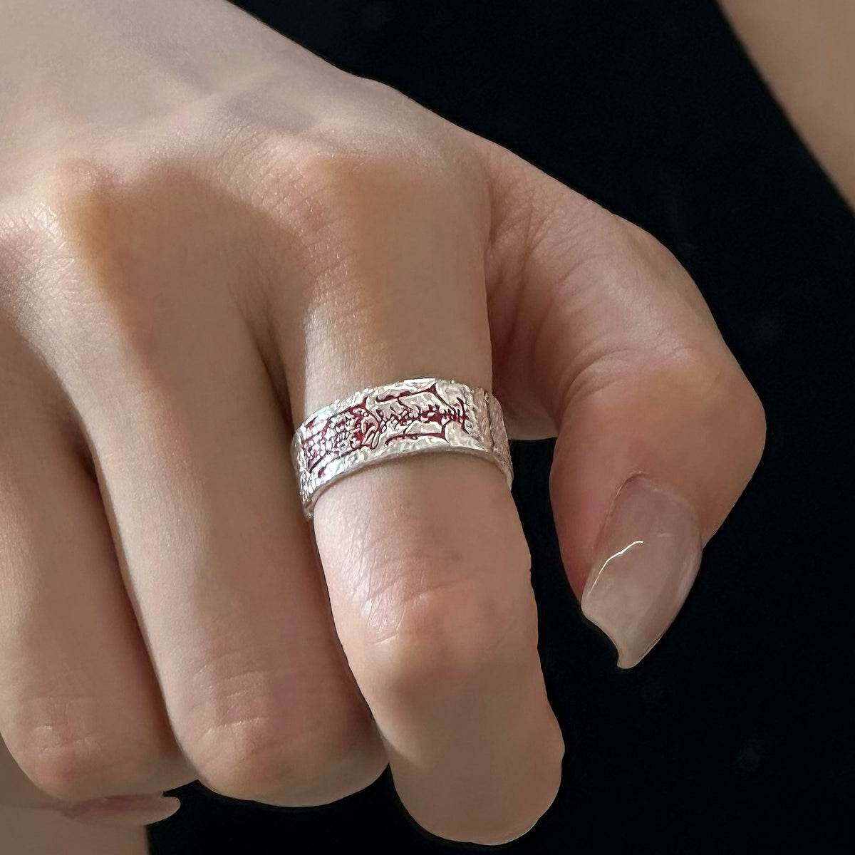 TaoWards Fu Blessing Textured Open Ring — worn view