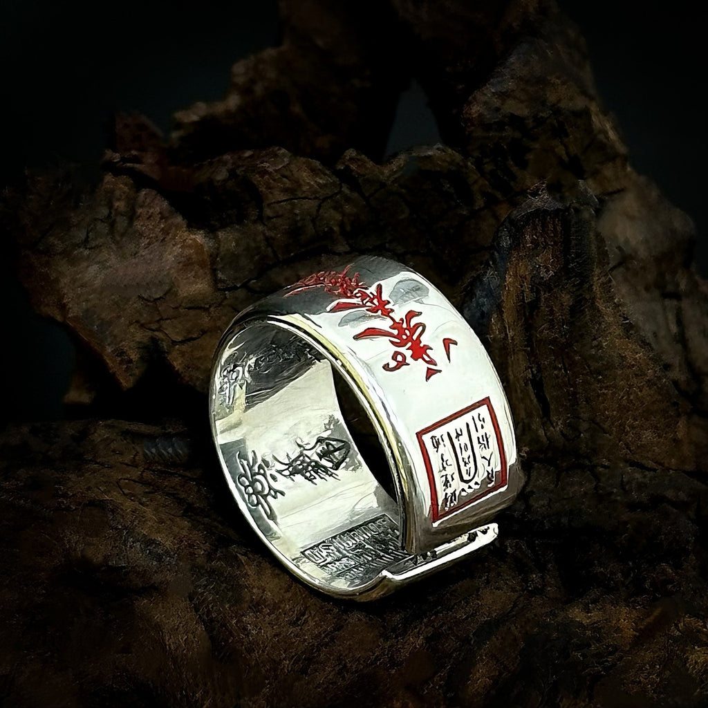 TaoWards Five Wealth Gods Red Inscription Open Ring — alternate angle