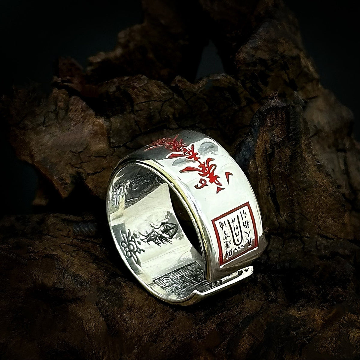 TaoWards Five Wealth Gods Red Inscription Open Ring — alternate angle