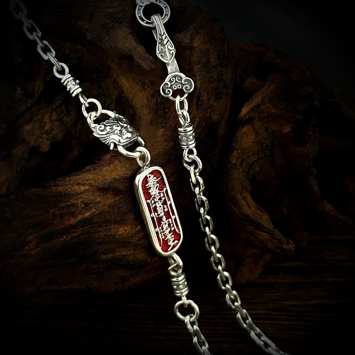 TaoWards Talisman Link Chain Necklace — red inscription and decorative fittings