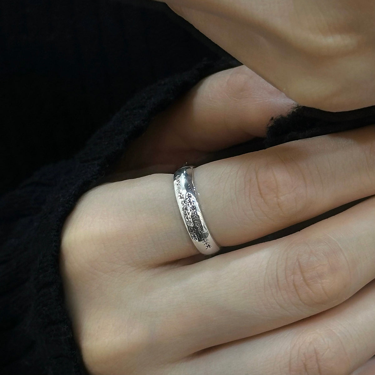 TaoWards Slim Shan Gui Inscription Open Ring — worn view