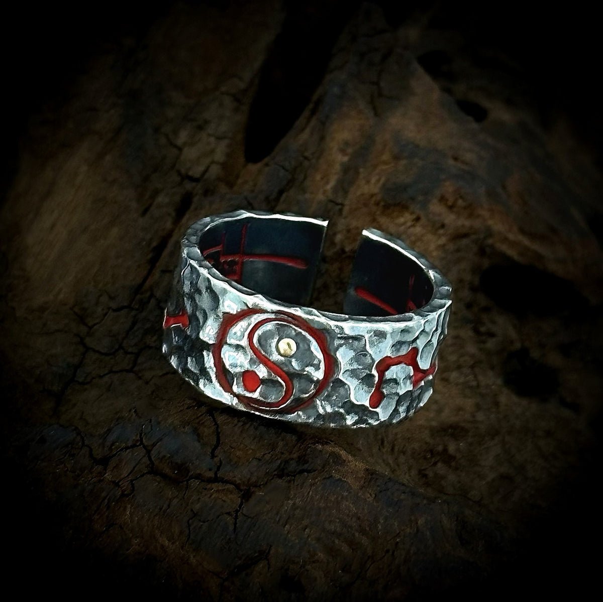 TaoWards textured yin-yang open ring on dark wood