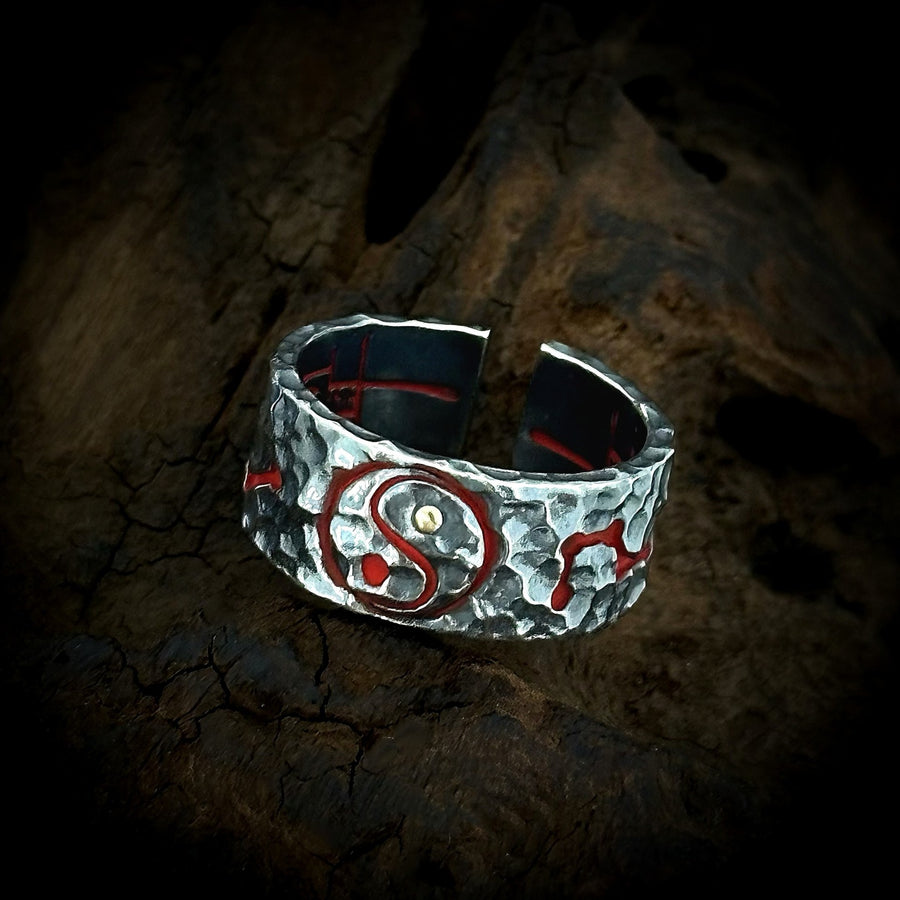 TaoWards textured yin-yang open ring on dark wood