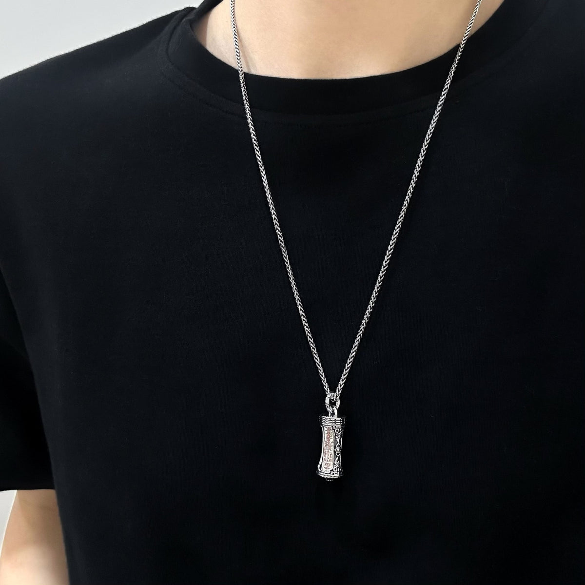 TaoWards Rotating Talisman Column Pendant Necklace — worn view