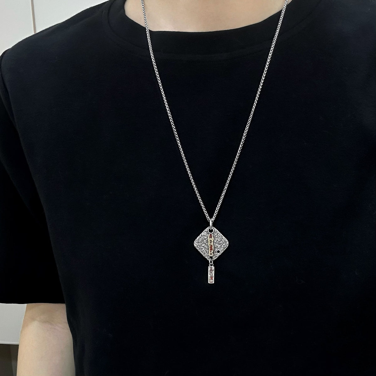 TaoWards Wealth Treasury Textured Tag Pendant Necklace — worn view