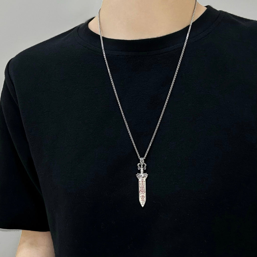 TaoWards Red Engraved Sword Pendant worn on a chain; chain not included