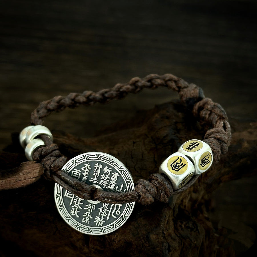 TaoWards brown braided cord bracelet with inscribed coin and decorative cube beads