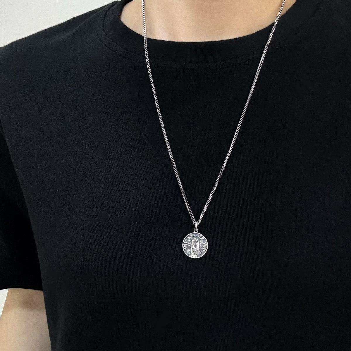 TaoWards Five Wealth Gods Bagua Coin Pendant Necklace — worn view