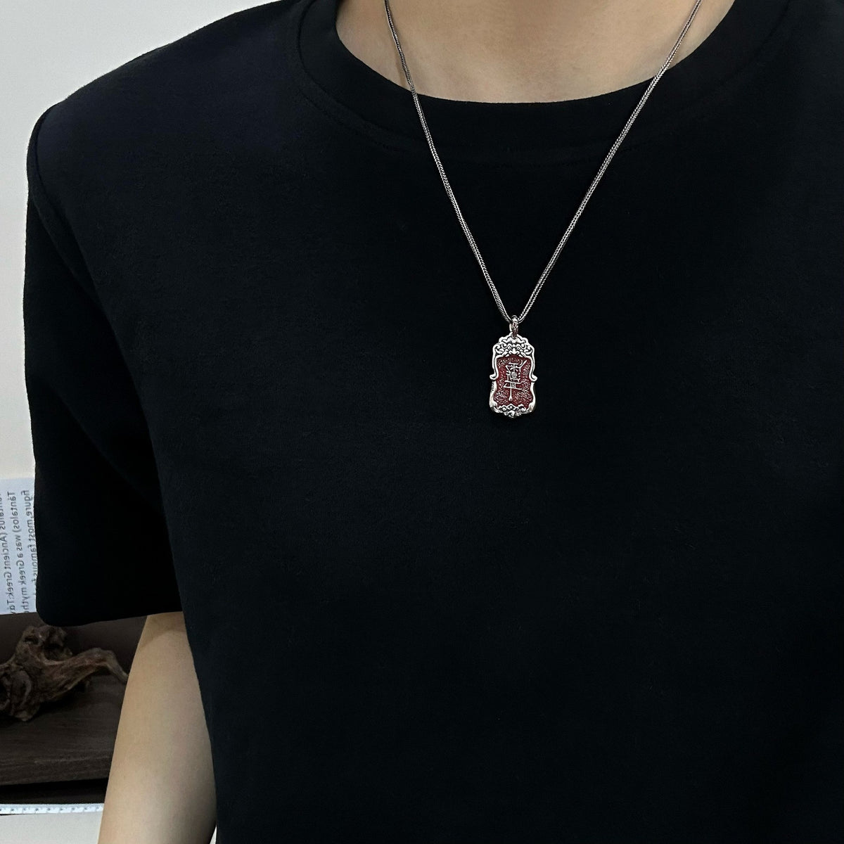 TaoWards Ziwei talisman tablet pendant worn on a metal styling chain; a complimentary necklace cord comes with the pendant.