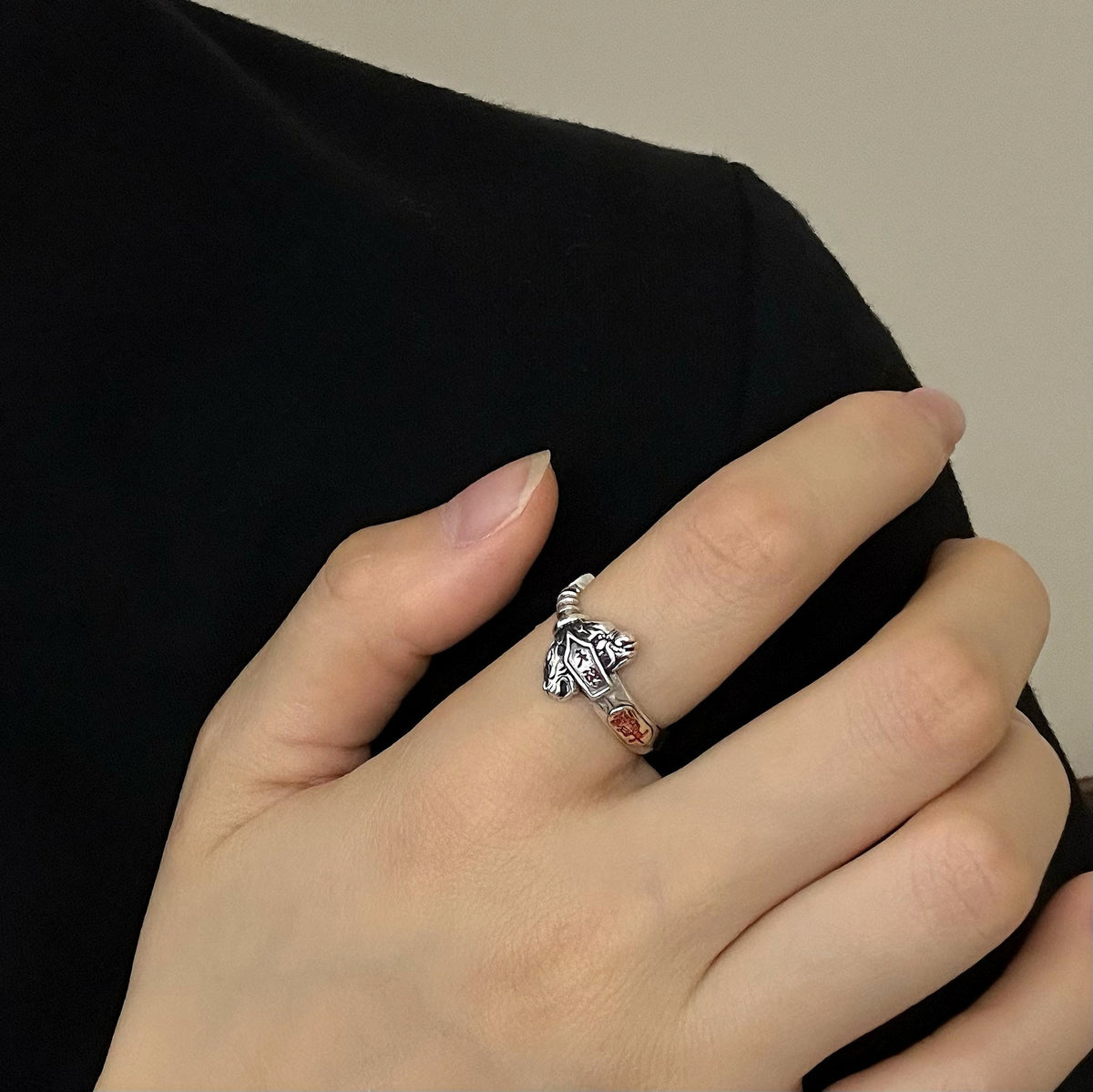 TaoWards Sword and Yin Yang Open Ring worn on a hand