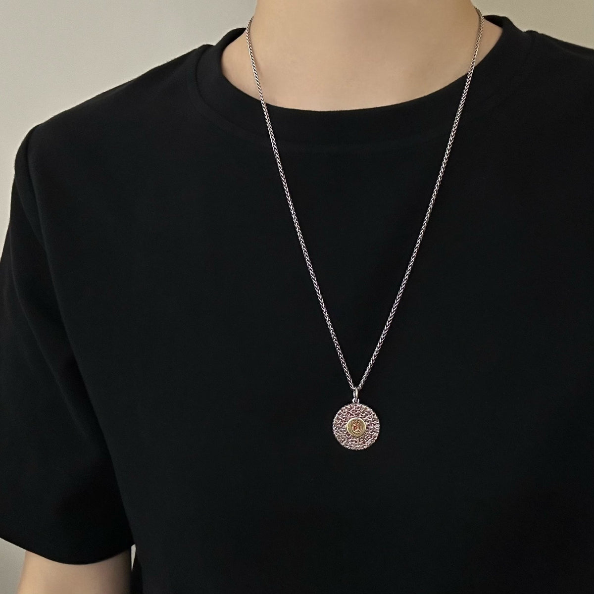 TaoWards Golden Light Round Medallion Pendant Necklace — worn view
