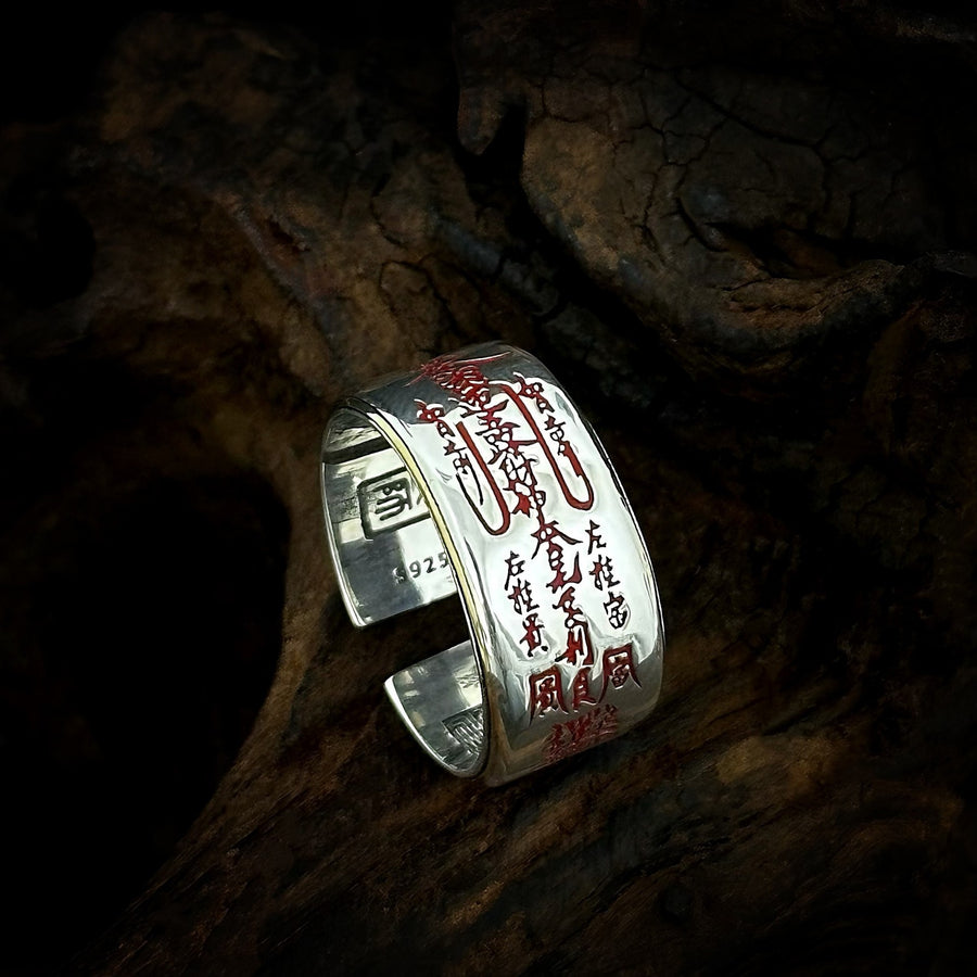 TaoWards Five Wealth Gods Red Inscription Open Ring — front view