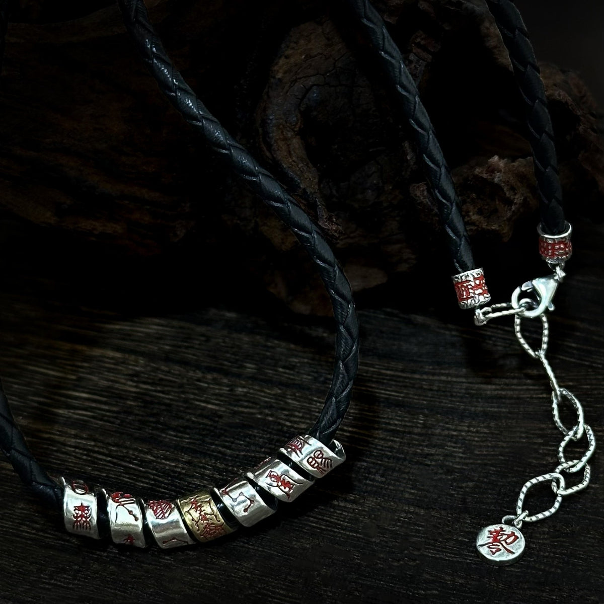 TaoWards black braided cord necklace with seven engraved beads