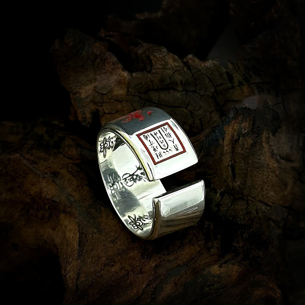 TaoWards S925 Silver Five Wealth Gods Red Inscription Open Ring — open ends and inner inscriptions