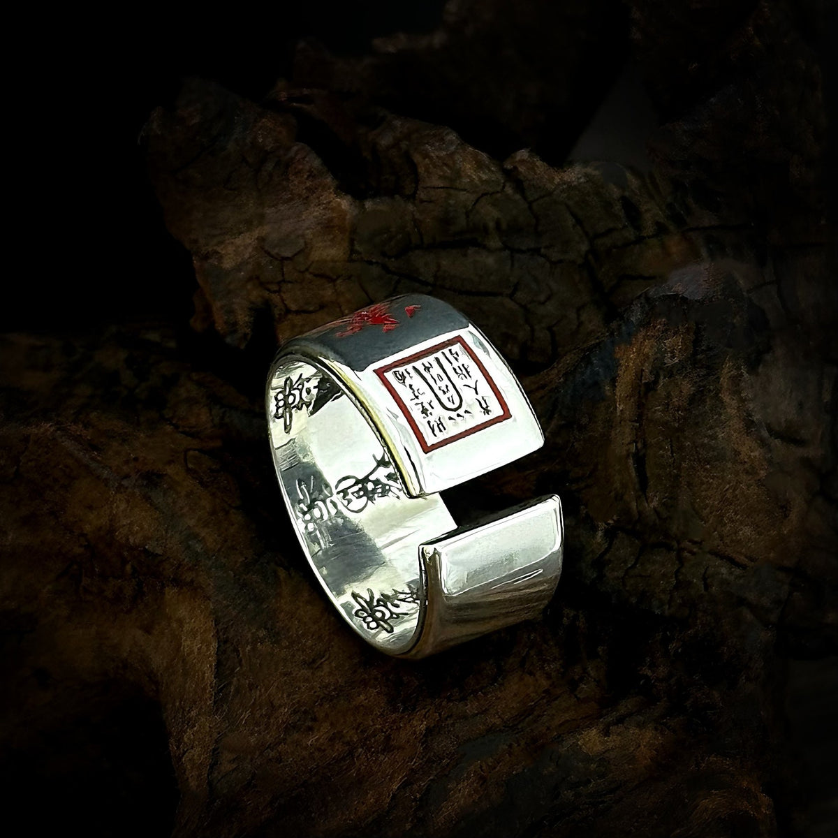 TaoWards S925 Silver Five Wealth Gods Red Inscription Open Ring — open ends and inner inscriptions