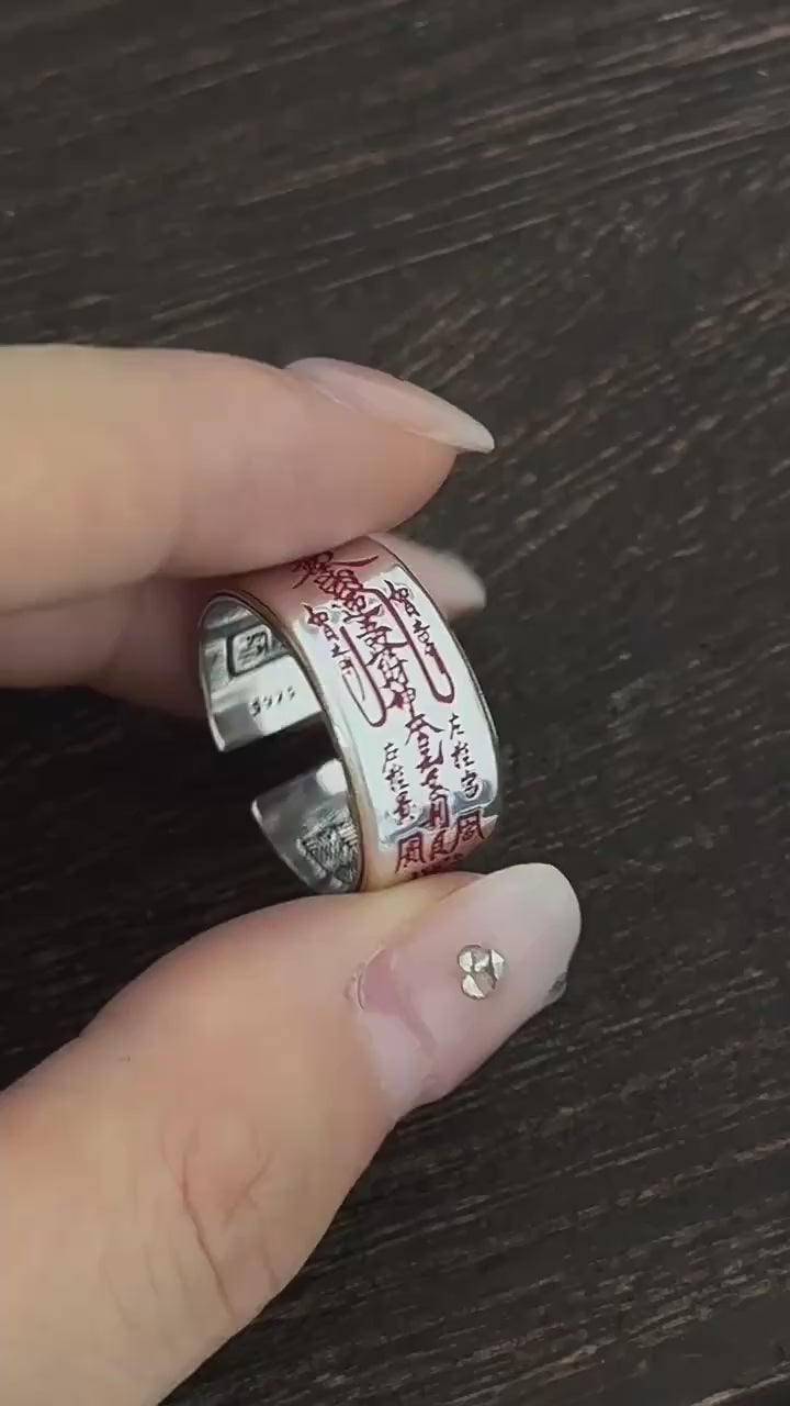TaoWards S925 Silver Five Wealth Gods Red Inscription Open Ring product video