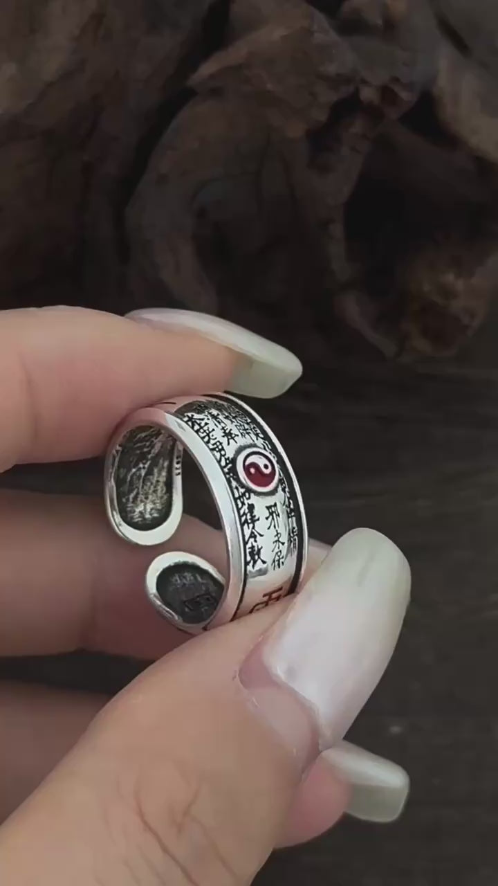 TaoWards S925 Silver Shan Gui Yin Yang Inscription Open Ring product video