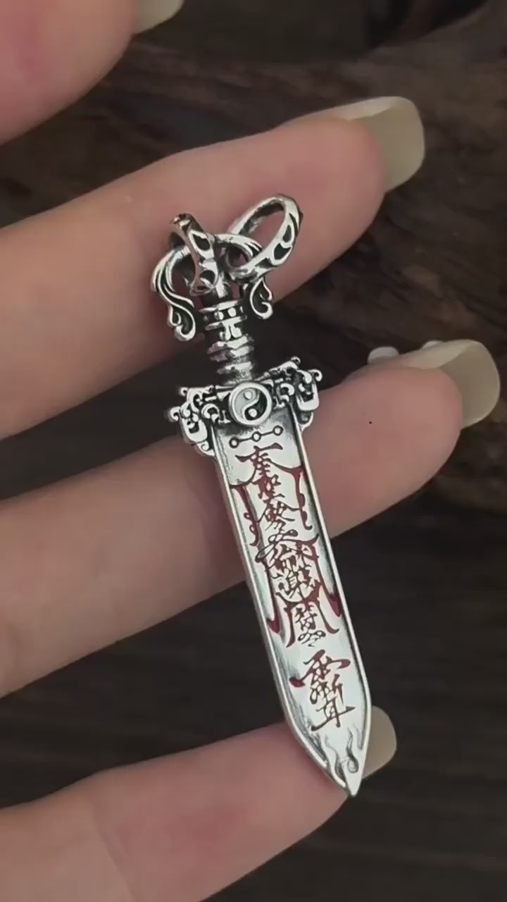 TaoWards Taoist Silver Ziwei Talisman Bagua Sword Pendant